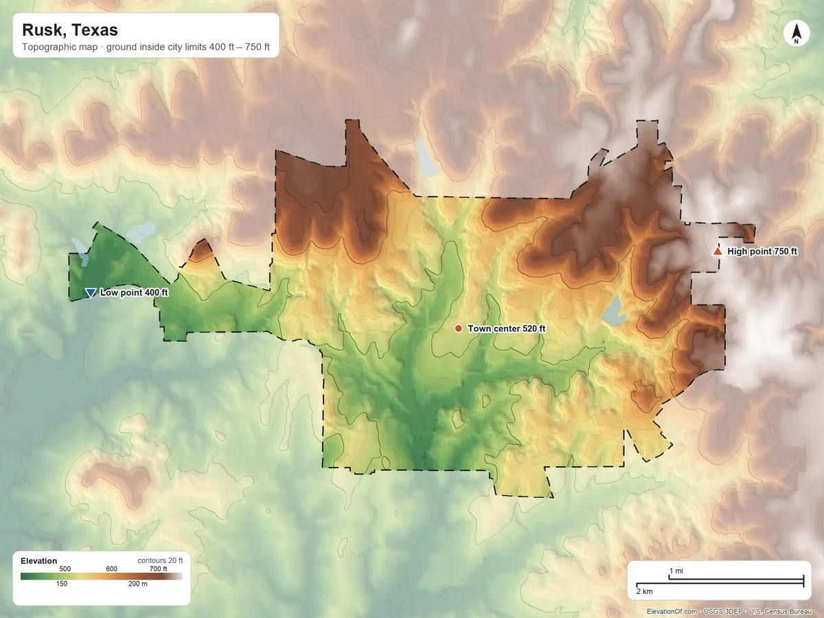 Topographic elevation map of Rusk, Texas, shaded from 400 ft on the west side to 750 ft on the east side