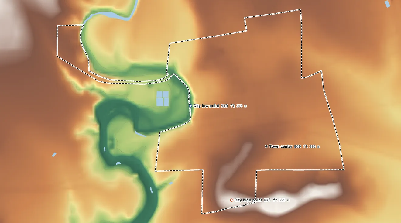 Topographic elevation map of Sabinal, Texas, shaded from 910 ft on the northwest side to 970 ft on the southwest side