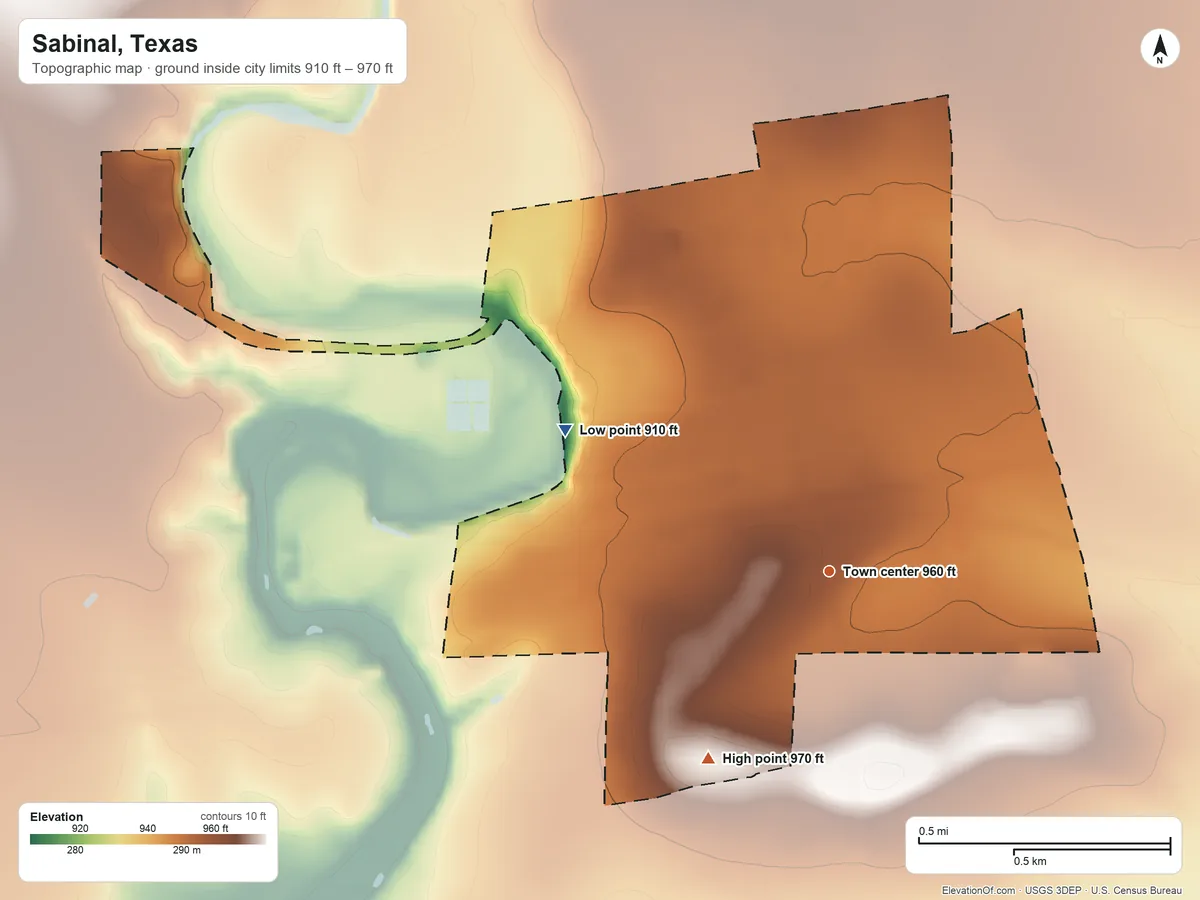 Topographic elevation map of Sabinal, Texas, shaded from 910 ft on the northwest side to 970 ft on the southwest side