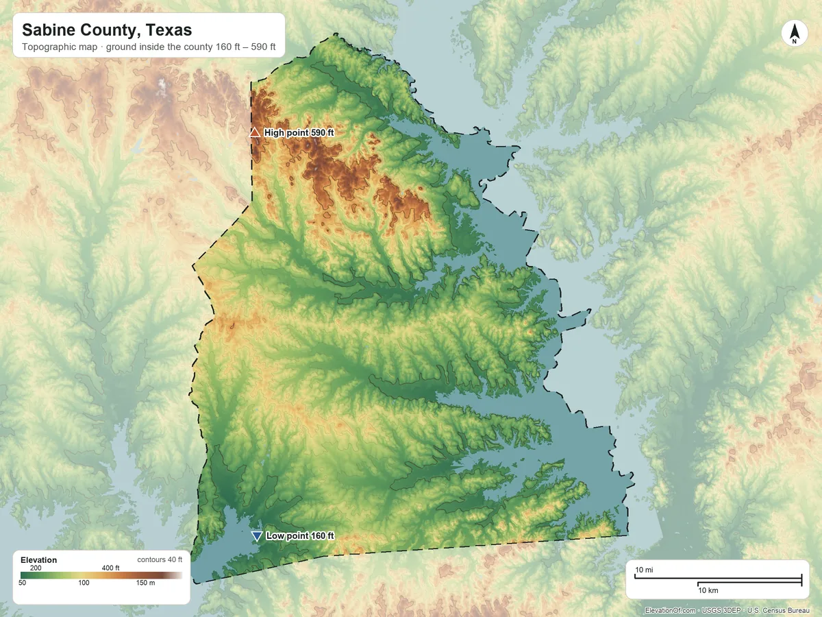 Topographic elevation map of Sabine County, Texas, shaded from 160 ft on the southwest side to 590 ft on Forse Mountain