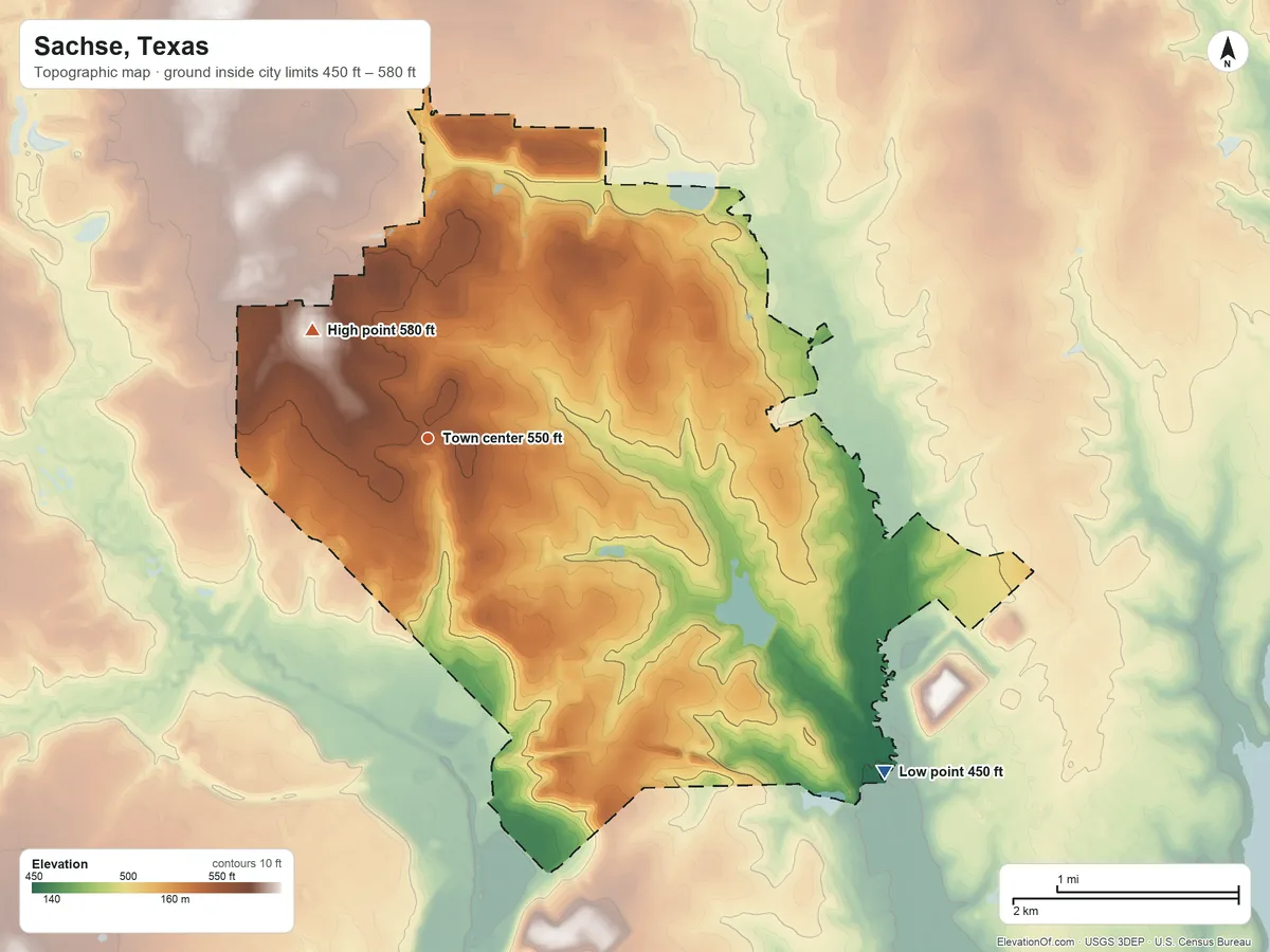 Topographic elevation map of Sachse, Texas, shaded from 450 ft on the southeast side to 580 ft on the northwest side