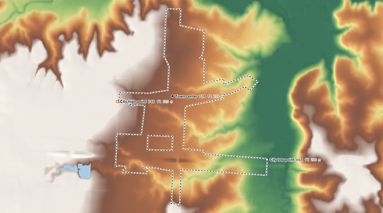 Topographic elevation map of Sadler, Texas, shaded from 660 ft on the southeast side to 740 ft on the west side