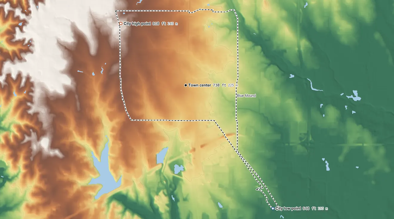 Topographic elevation map of Saginaw, Texas, shaded from 640 ft on the southeast side to 810 ft on the northwest side