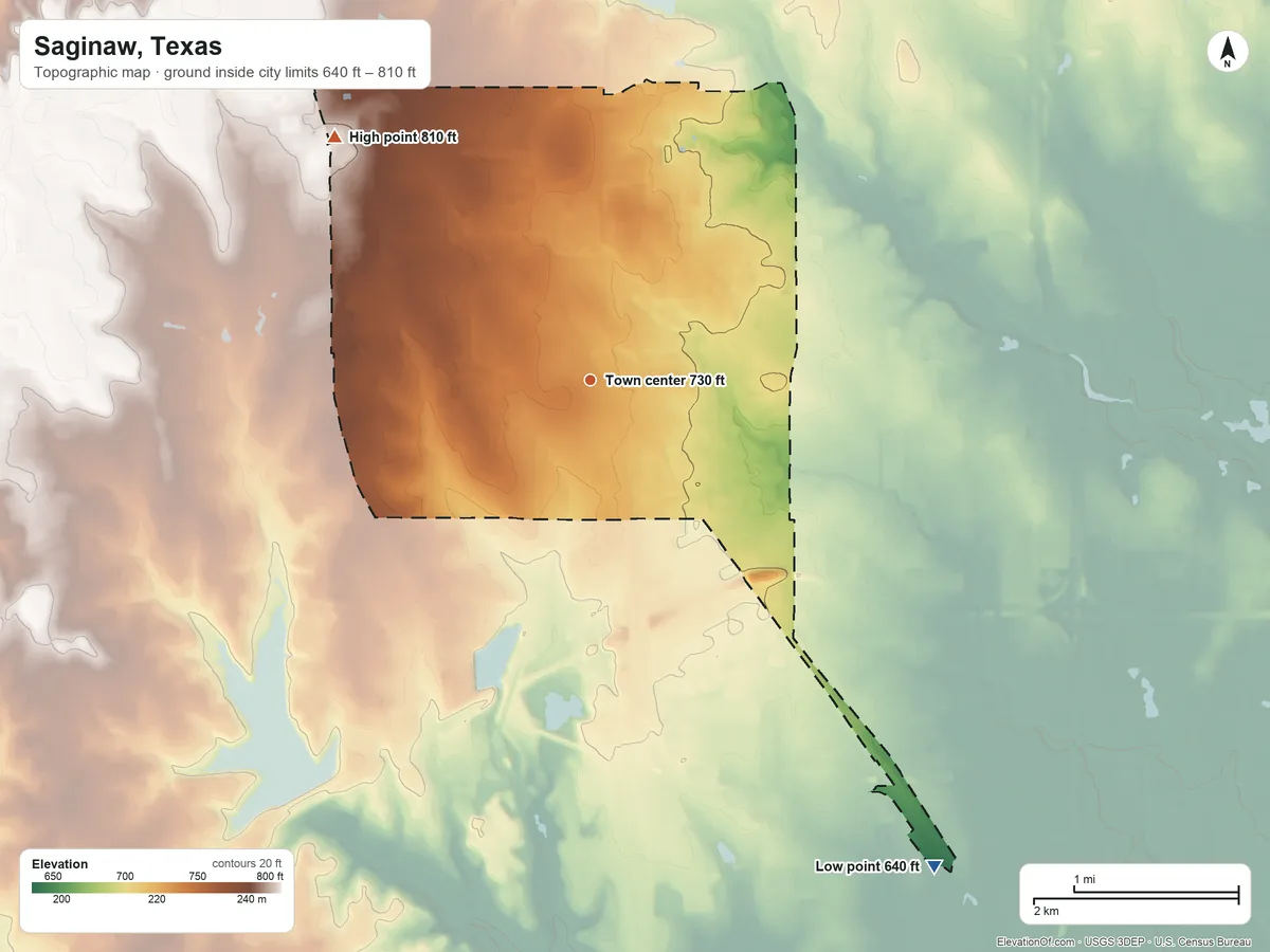 Topographic elevation map of Saginaw, Texas, shaded from 640 ft on the southeast side to 810 ft on the northwest side
