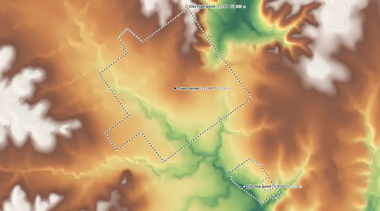 Topographic elevation map of Saint Jo, Texas, shaded from 1,050 ft on the southeast side to 1,200 ft on the north side