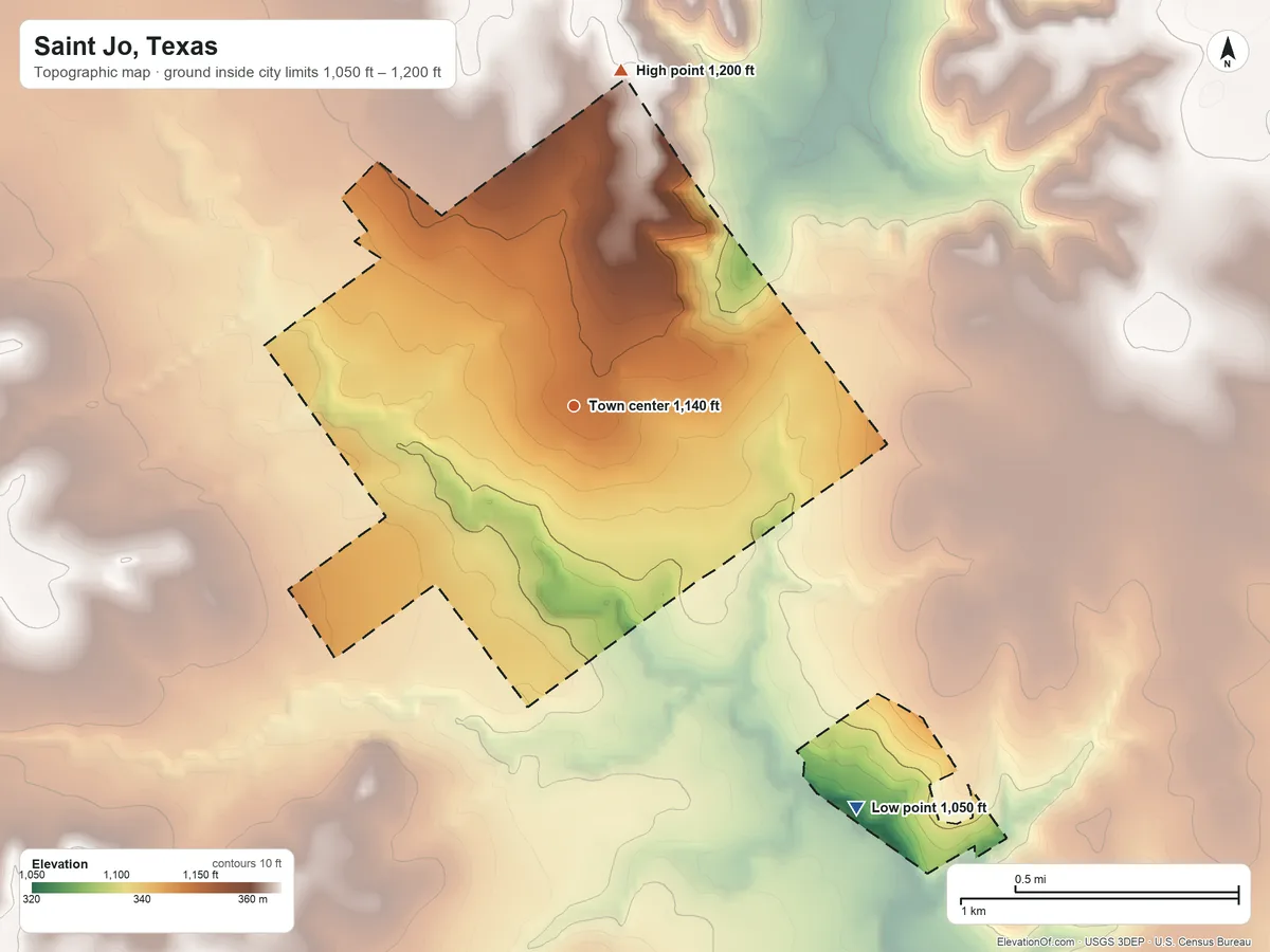 Topographic elevation map of Saint Jo, Texas, shaded from 1,050 ft on the southeast side to 1,200 ft on the north side