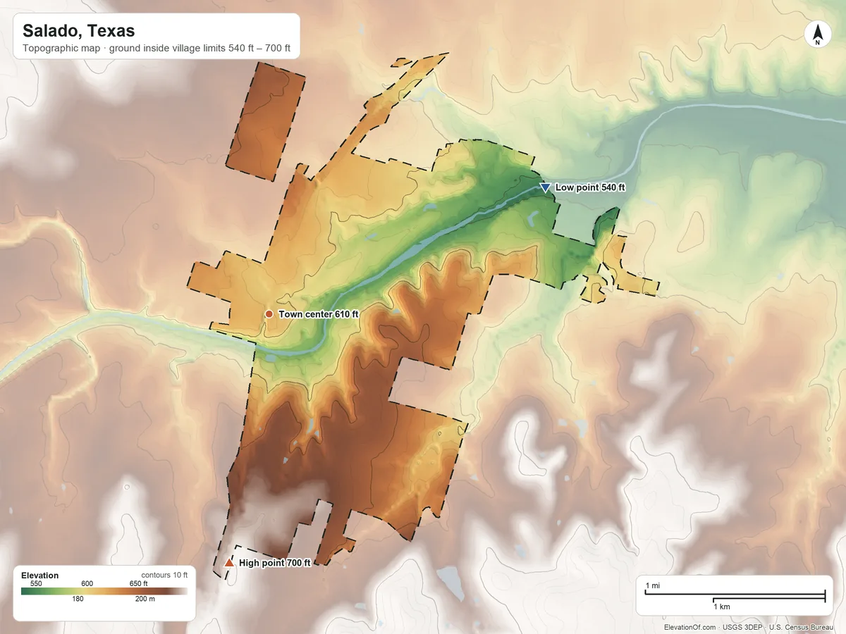 Topographic elevation map of Salado, Texas, shaded from 540 ft on the northeast side to 700 ft on the south side