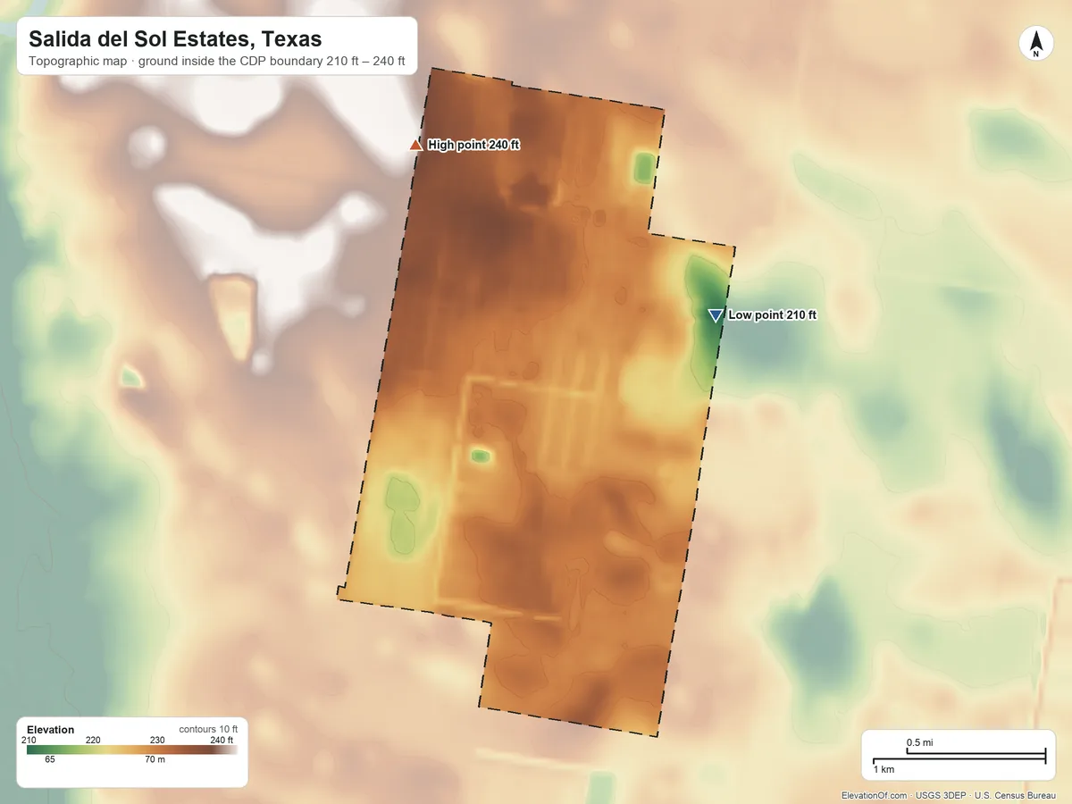 Topographic elevation map of Salida del Sol Estates, Texas, shaded from 210 ft on the east side to 240 ft on the northwest side