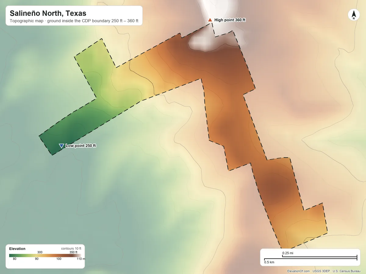 Topographic elevation map of Salineño North, Texas, shaded from 250 ft on the southwest side to 360 ft on the northeast side