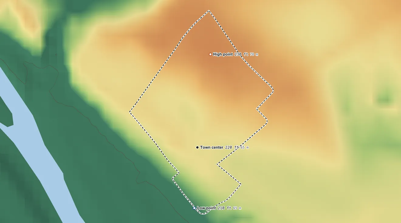 Topographic elevation map of Salineño, Texas, shaded from 210 ft on the south side to 230 ft on the north side