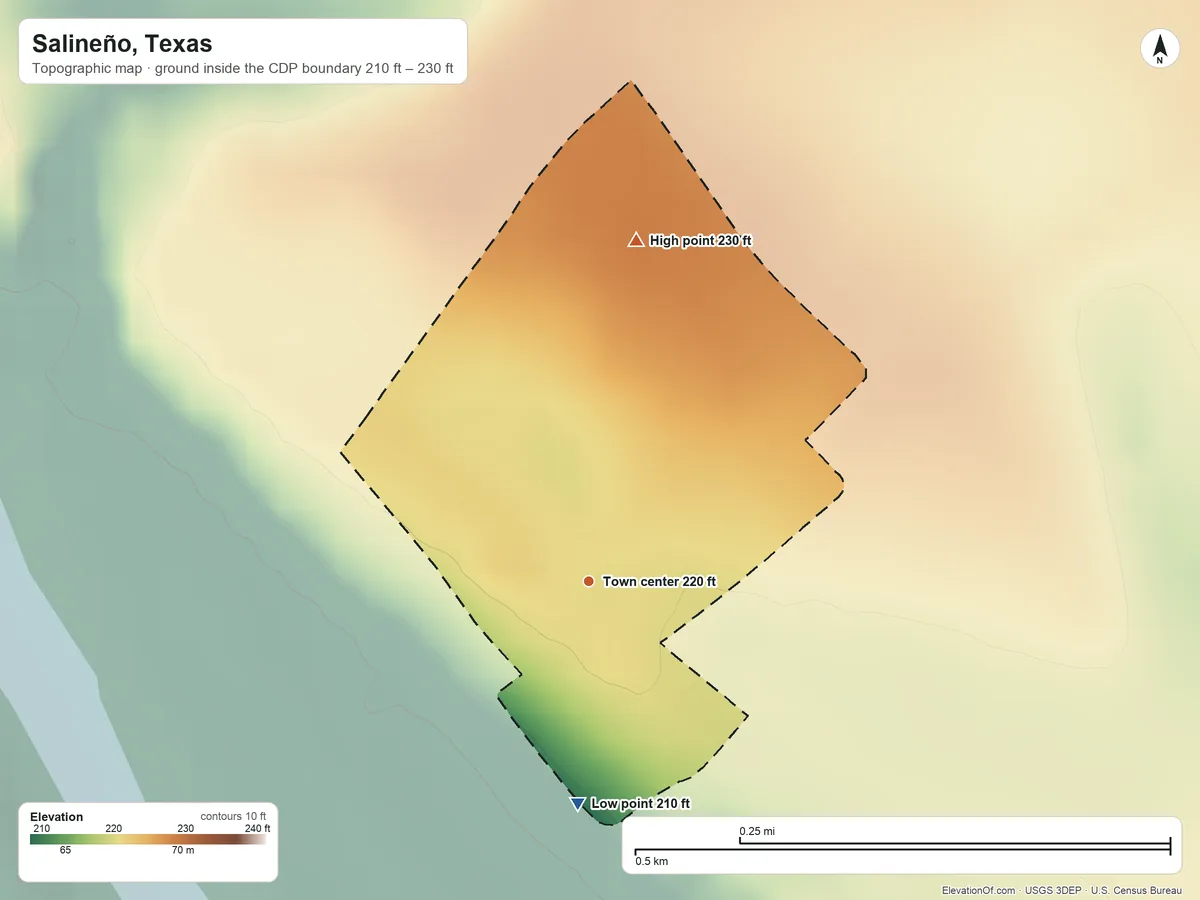 Topographic elevation map of Salineño, Texas, shaded from 210 ft on the south side to 230 ft on the north side