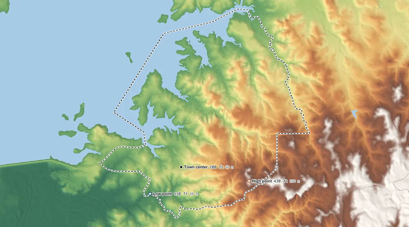 Topographic elevation map of Sam Rayburn, Texas, shaded from 130 ft on the southwest side to 430 ft on the east side