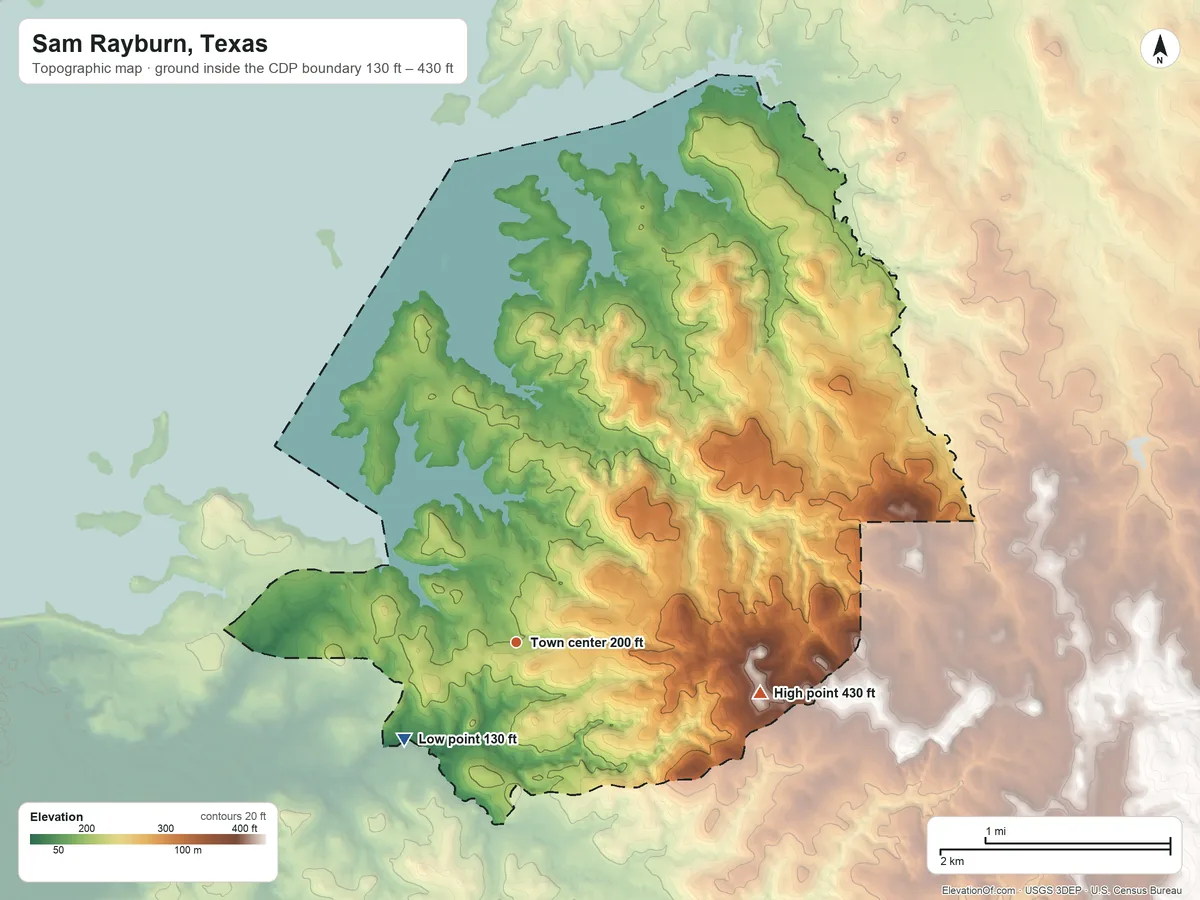 Topographic elevation map of Sam Rayburn, Texas, shaded from 130 ft on the southwest side to 430 ft on the east side