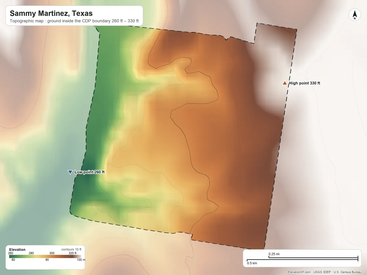 Topographic elevation map of Sammy Martinez, Texas, shaded from 260 ft on the southwest side to 330 ft on the east side