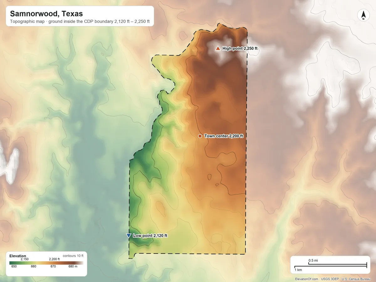 Topographic elevation map of Samnorwood, Texas, shaded from 2,120 ft on the southwest side to 2,250 ft on the north side