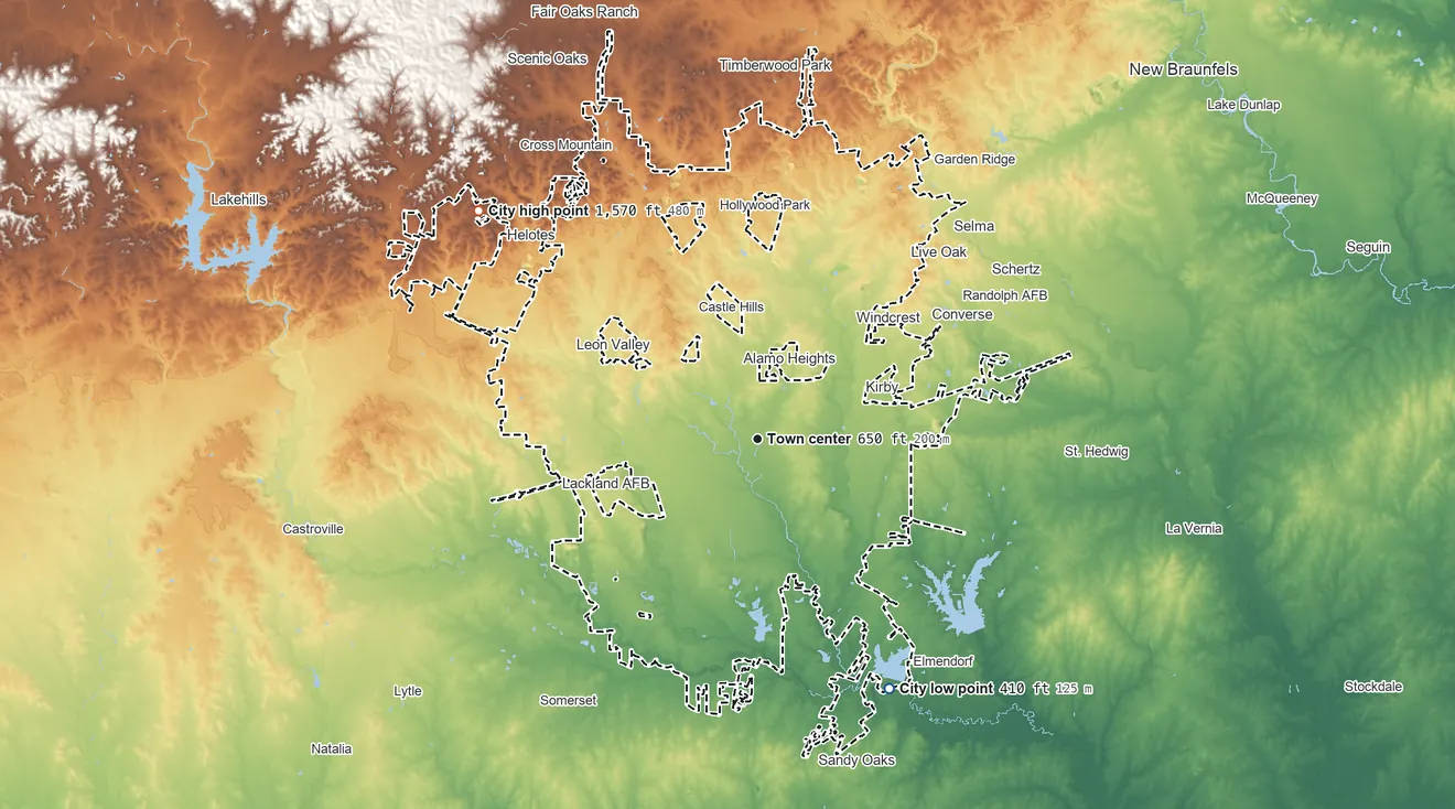 Topographic elevation map of San Antonio, Texas, shaded from 410 ft on the southeast side to 1,570 ft on the northwest side