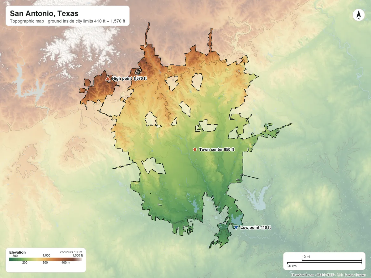 Topographic elevation map of San Antonio, Texas, shaded from 410 ft on the southeast side to 1,570 ft on the northwest side