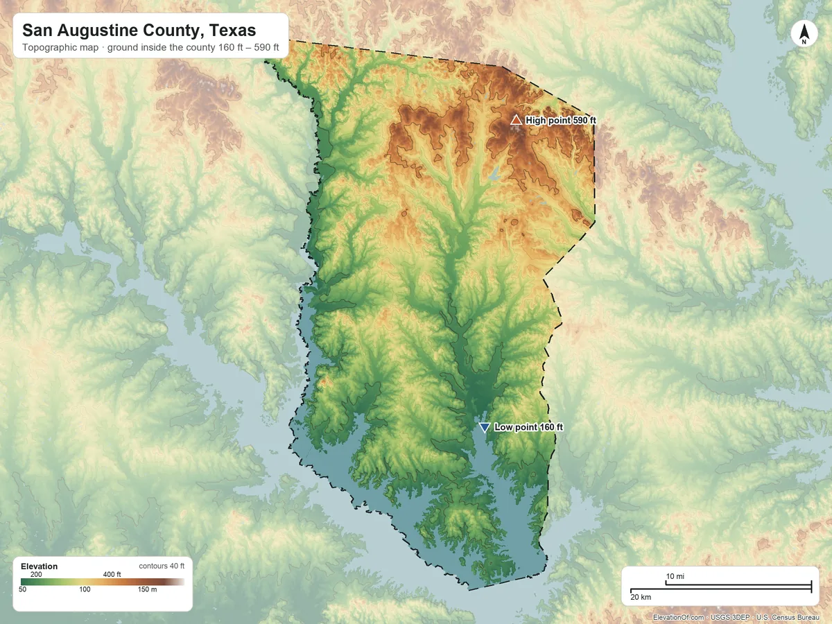 Topographic elevation map of San Augustine County, Texas, shaded from 160 ft on the southeast side to 590 ft on the northeast side