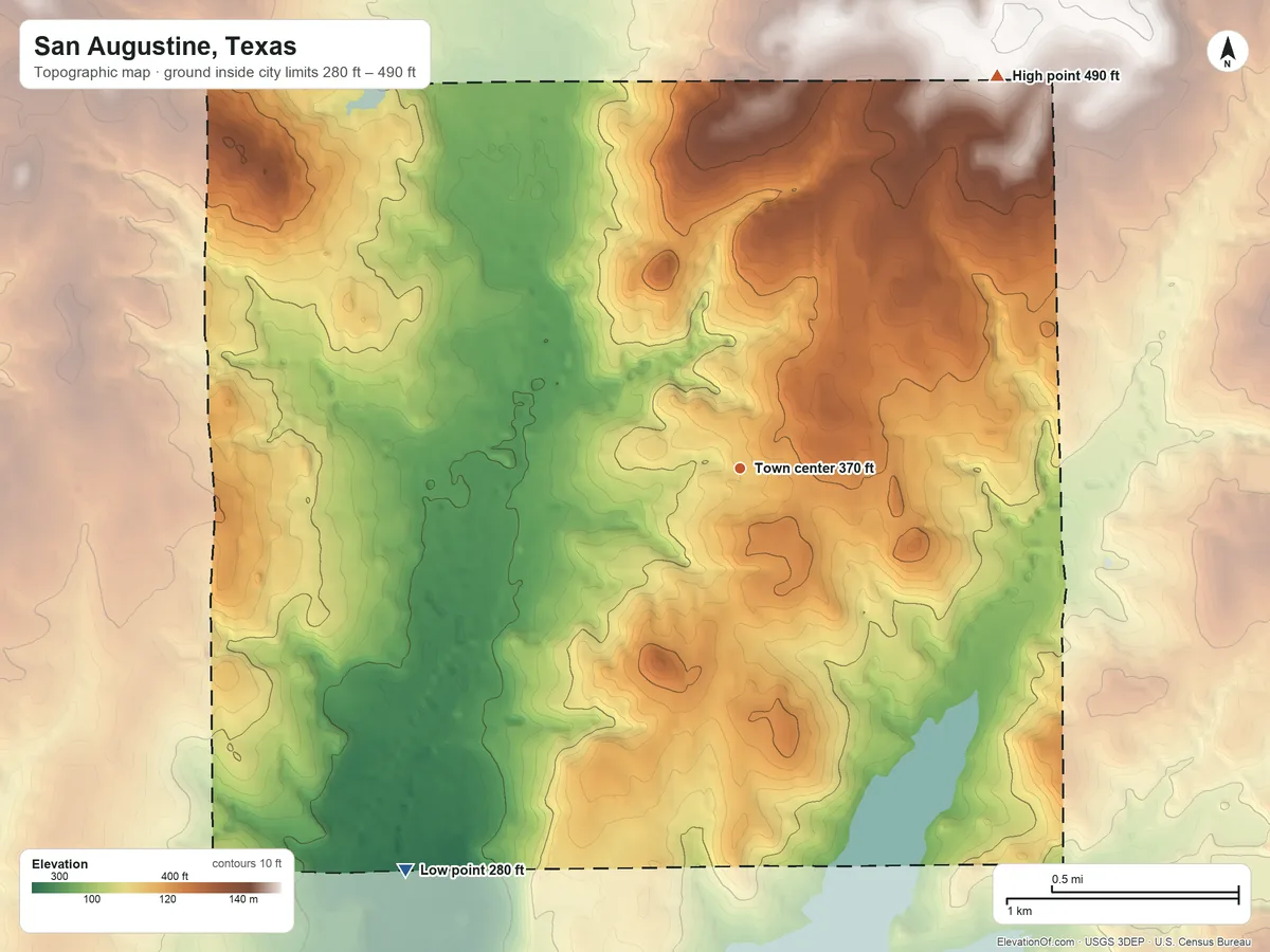 Topographic elevation map of San Augustine, Texas, shaded from 280 ft on the southwest side to 490 ft on the northeast side