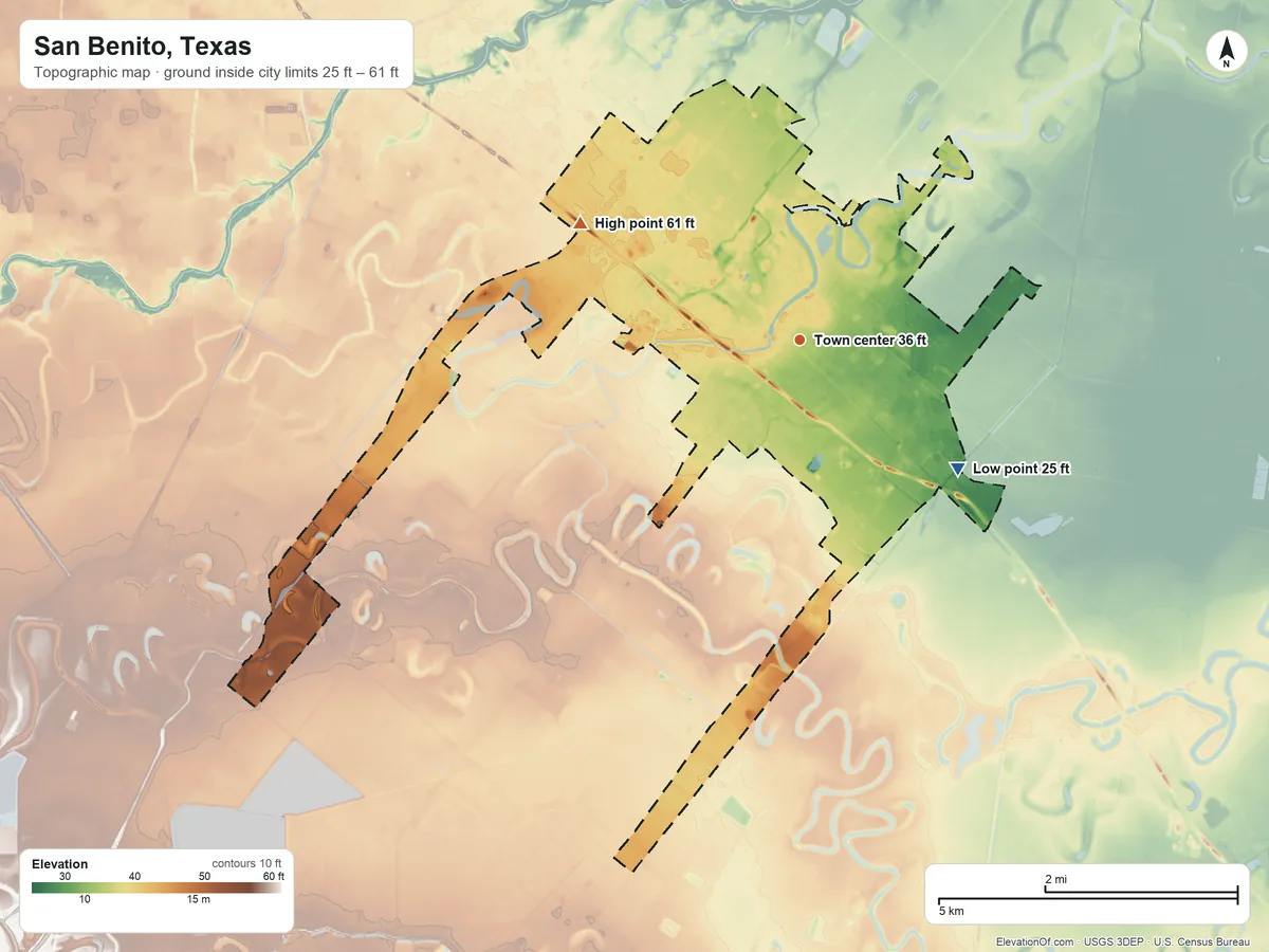Topographic elevation map of San Benito, Texas, shaded from 25 ft on the southeast side to 61 ft on the northwest side