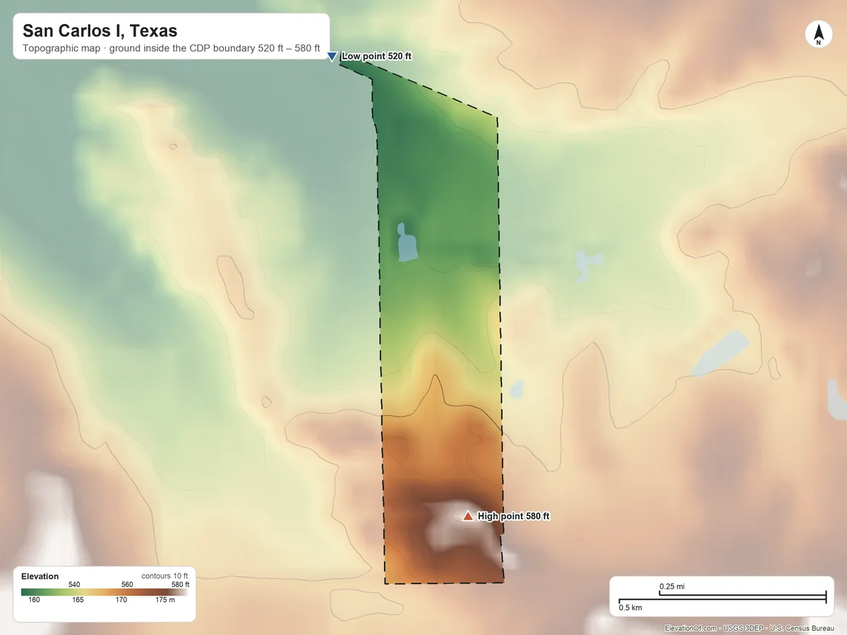 Topographic elevation map of San Carlos I, Texas, shaded from 520 ft on the northwest side to 580 ft on the south side
