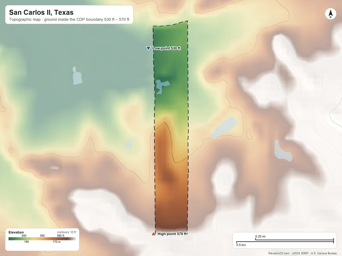 Topographic elevation map of San Carlos II, Texas, shaded from 530 ft on the northwest side to 570 ft on the south side