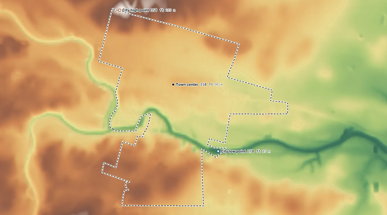 Topographic elevation map of San Diego, Texas, shaded from 270 ft on the southeast side to 350 ft on the northwest side