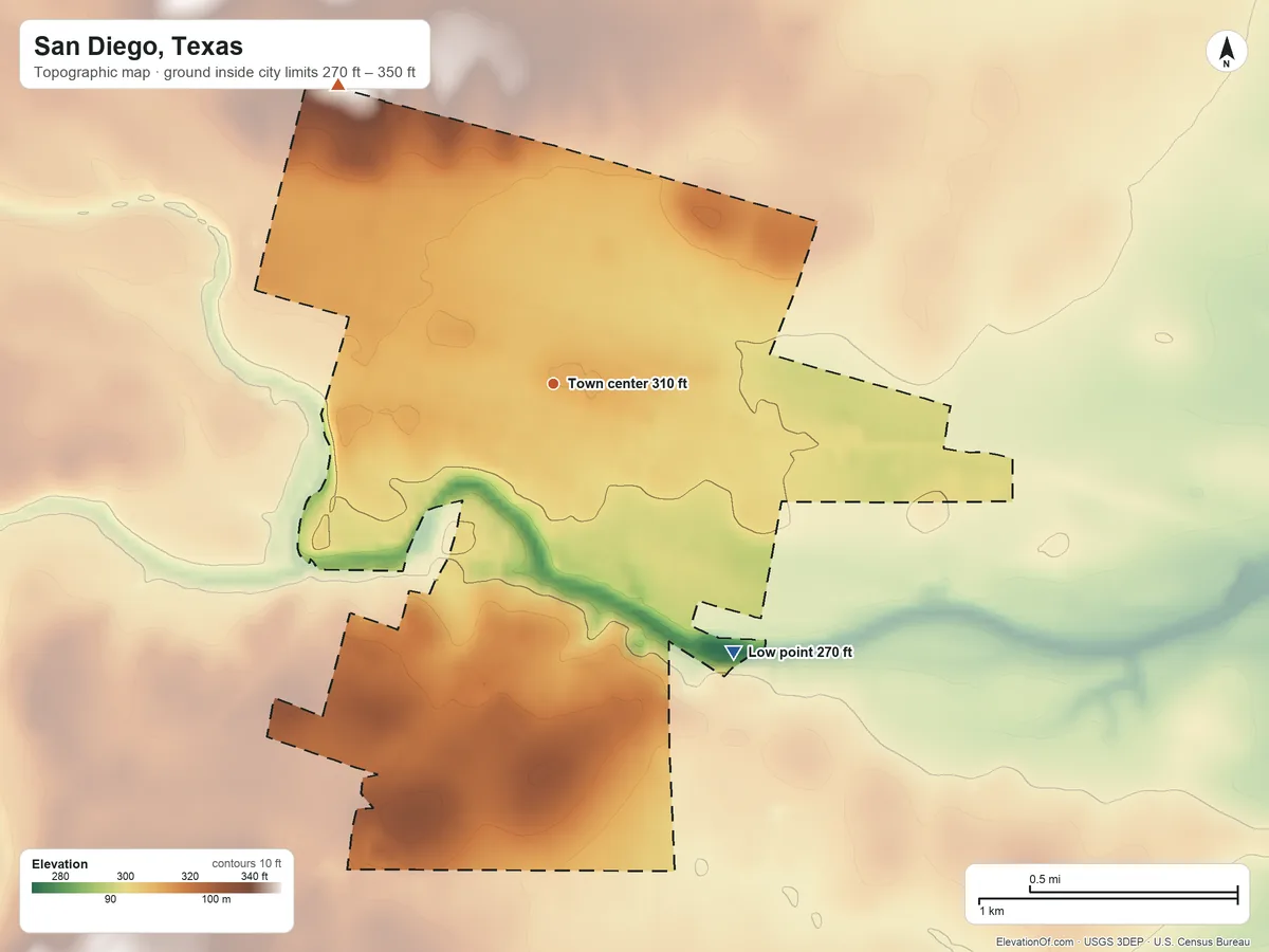 Topographic elevation map of San Diego, Texas, shaded from 270 ft on the southeast side to 350 ft on the northwest side