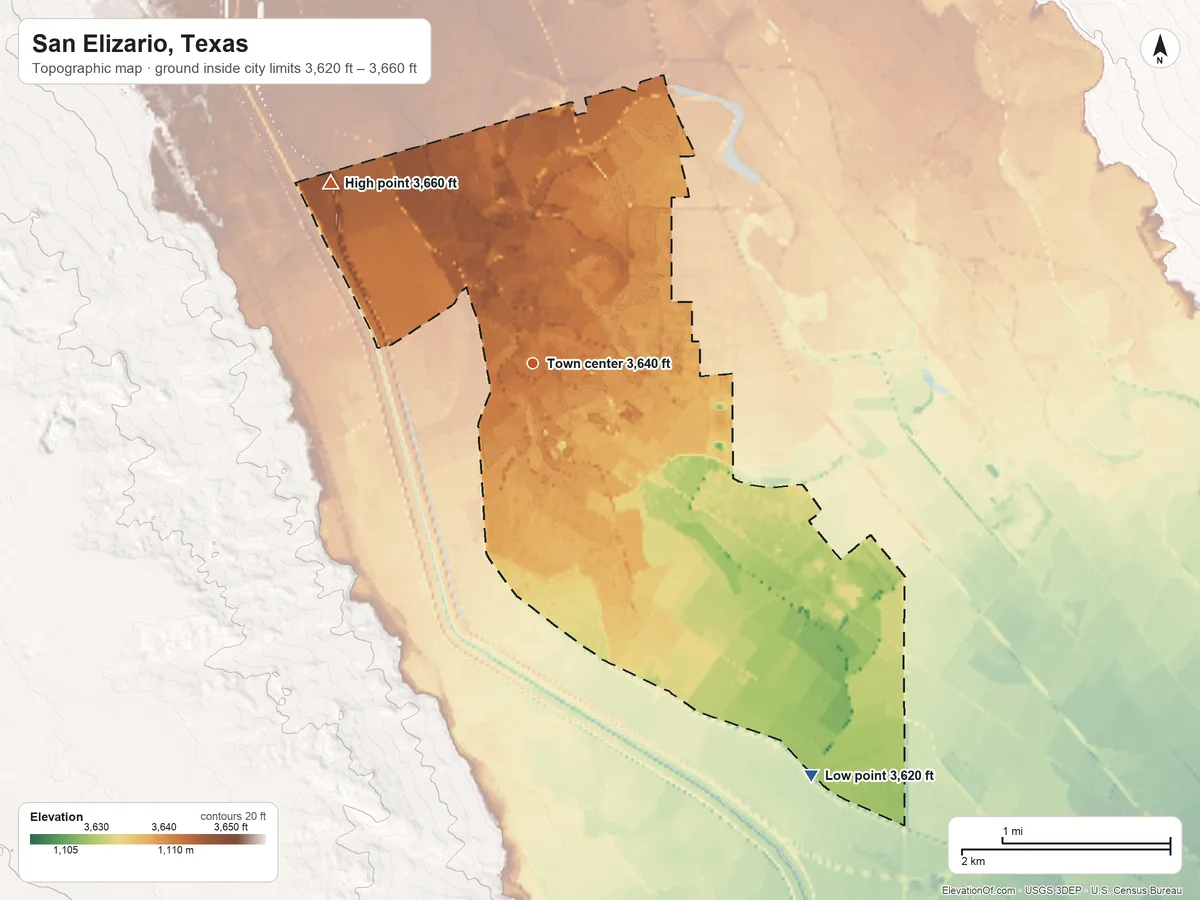 Topographic elevation map of San Elizario, Texas, shaded from 3,620 ft on the southeast side to 3,660 ft on the northwest side