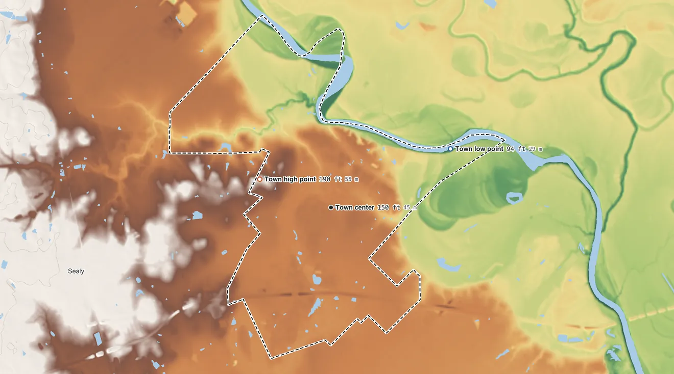 Topographic elevation map of San Felipe, Texas, shaded from 94 ft on the northeast side to 190 ft on the west side
