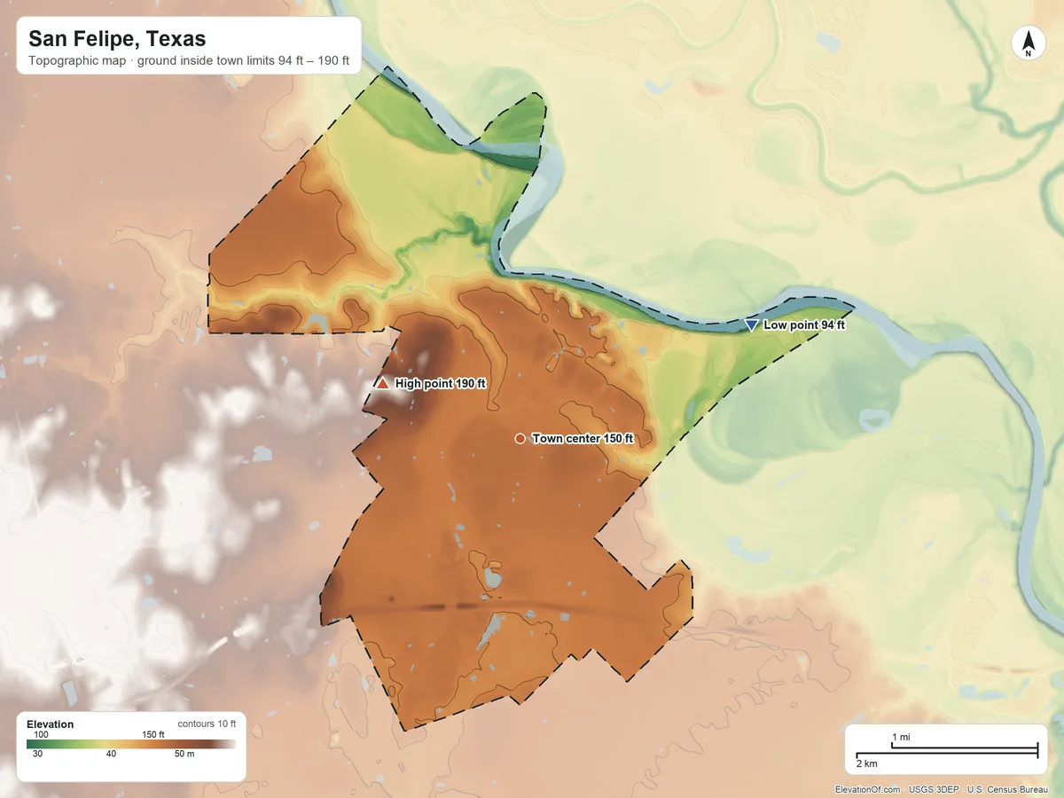 Topographic elevation map of San Felipe, Texas, shaded from 94 ft on the northeast side to 190 ft on the west side
