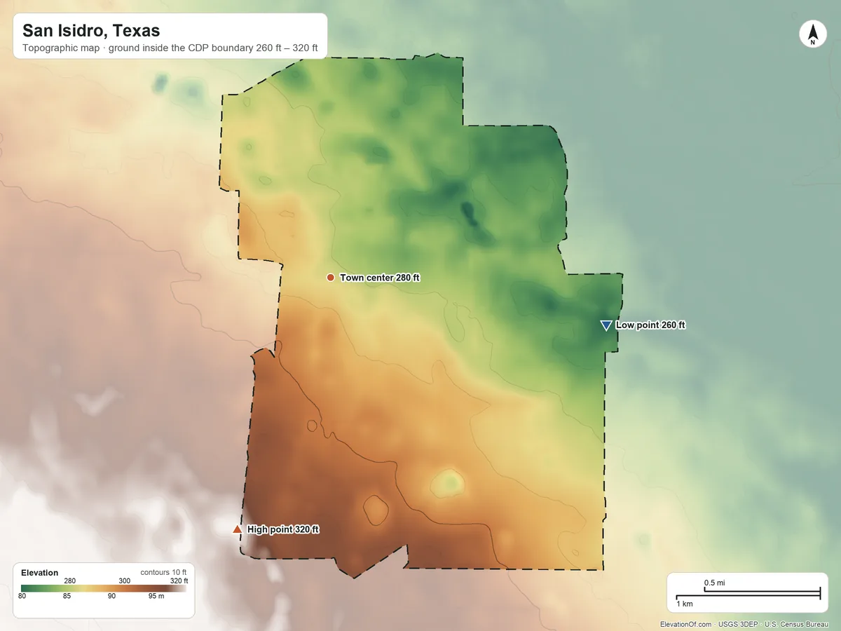 Topographic elevation map of San Isidro, Texas, shaded from 260 ft on the east side to 320 ft on the south side