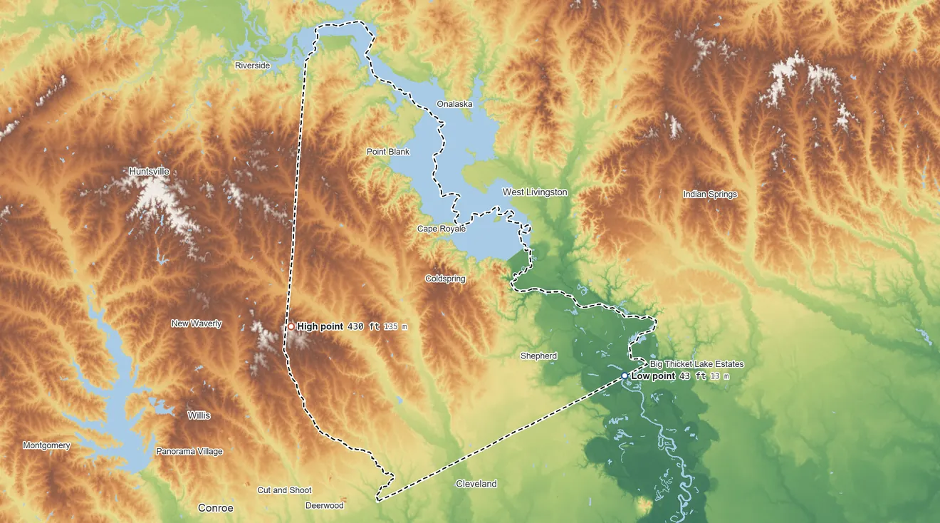 Topographic elevation map of San Jacinto County, Texas, shaded from 43 ft on the southeast side to 430 ft on the west side