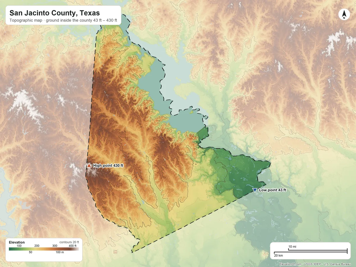 Topographic elevation map of San Jacinto County, Texas, shaded from 43 ft on the southeast side to 430 ft on the west side