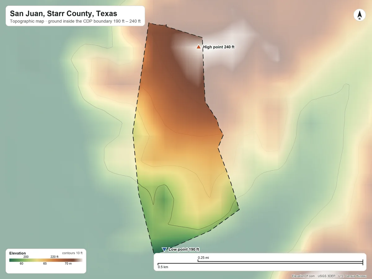 Topographic elevation map of San Juan, Starr County, Texas, shaded from 190 ft on the south side to 240 ft on the north side