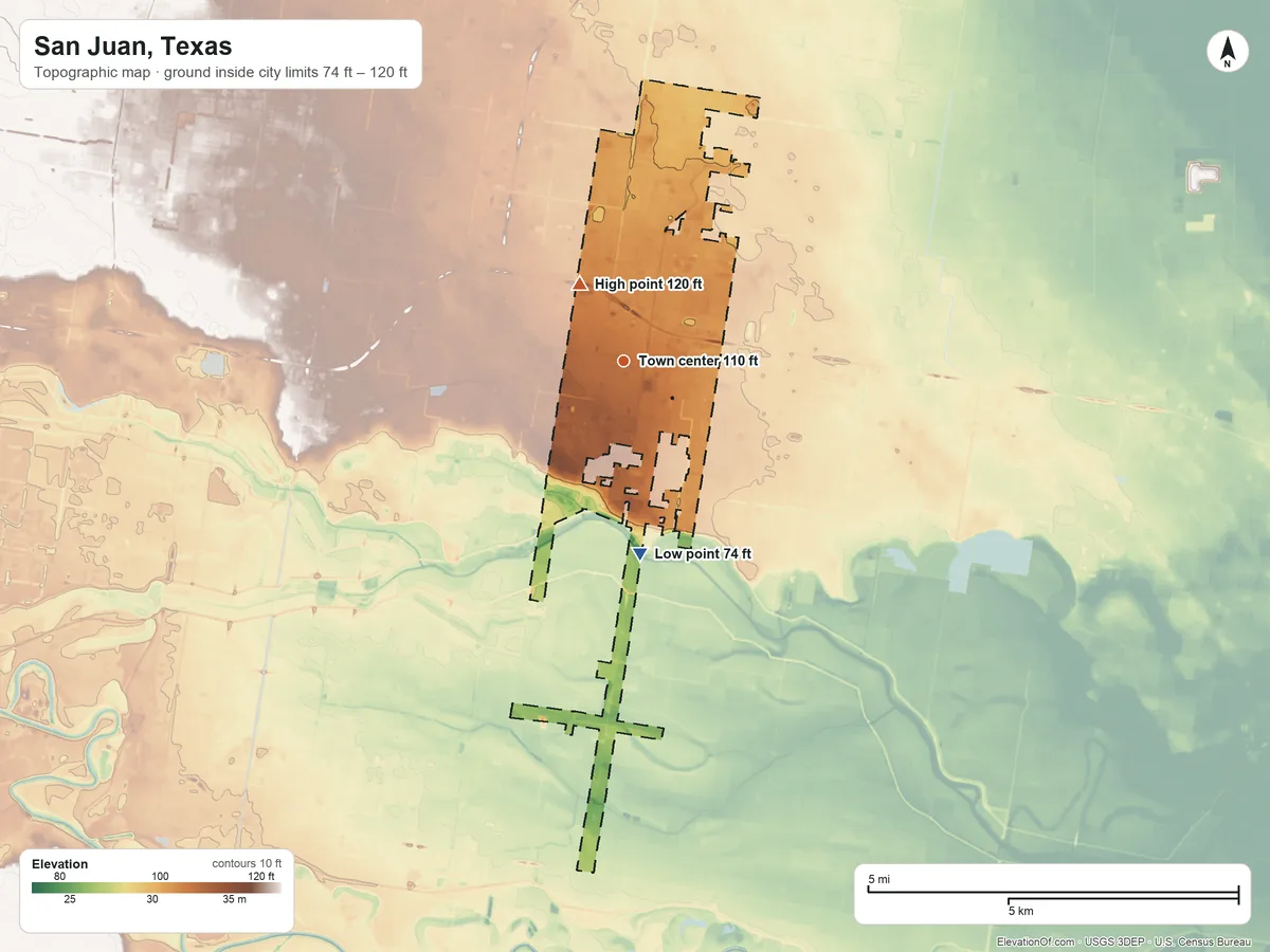 Topographic elevation map of San Juan, Texas, shaded from 74 ft on the south side to 120 ft on the northwest side
