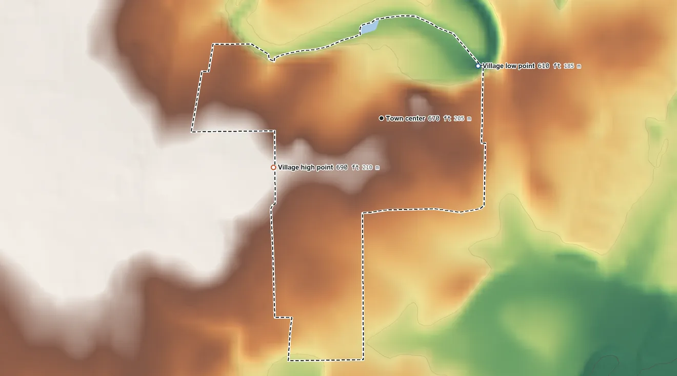 Topographic elevation map of San Leanna, Texas, shaded from 610 ft on the northeast side to 690 ft on the southwest side