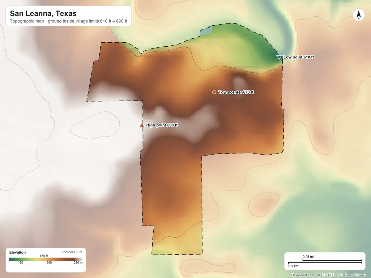 Topographic elevation map of San Leanna, Texas, shaded from 610 ft on the northeast side to 690 ft on the southwest side