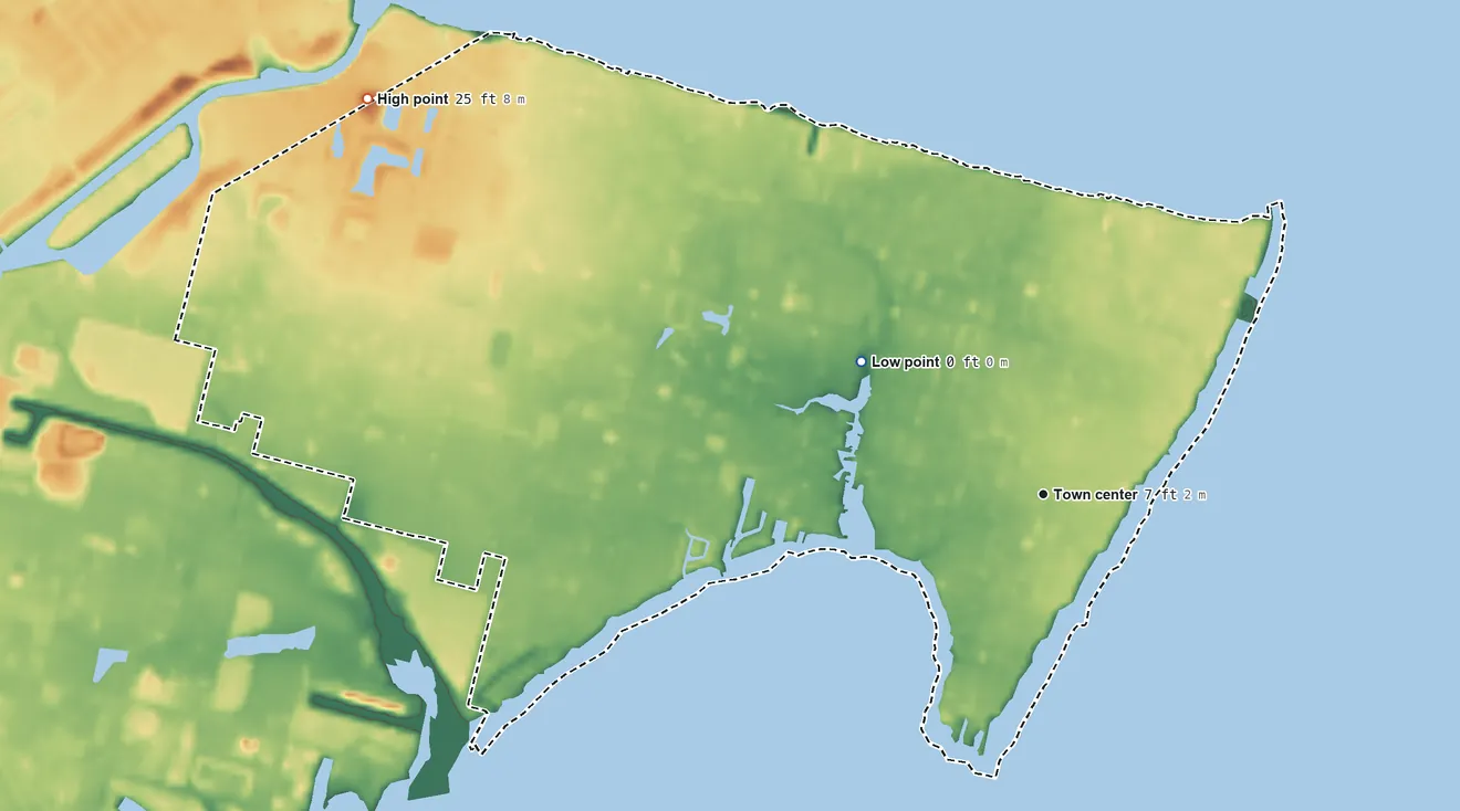 Topographic elevation map of San Leon, Texas, shaded from sea level level on Dickinson Bay to 25 ft on the northwest side