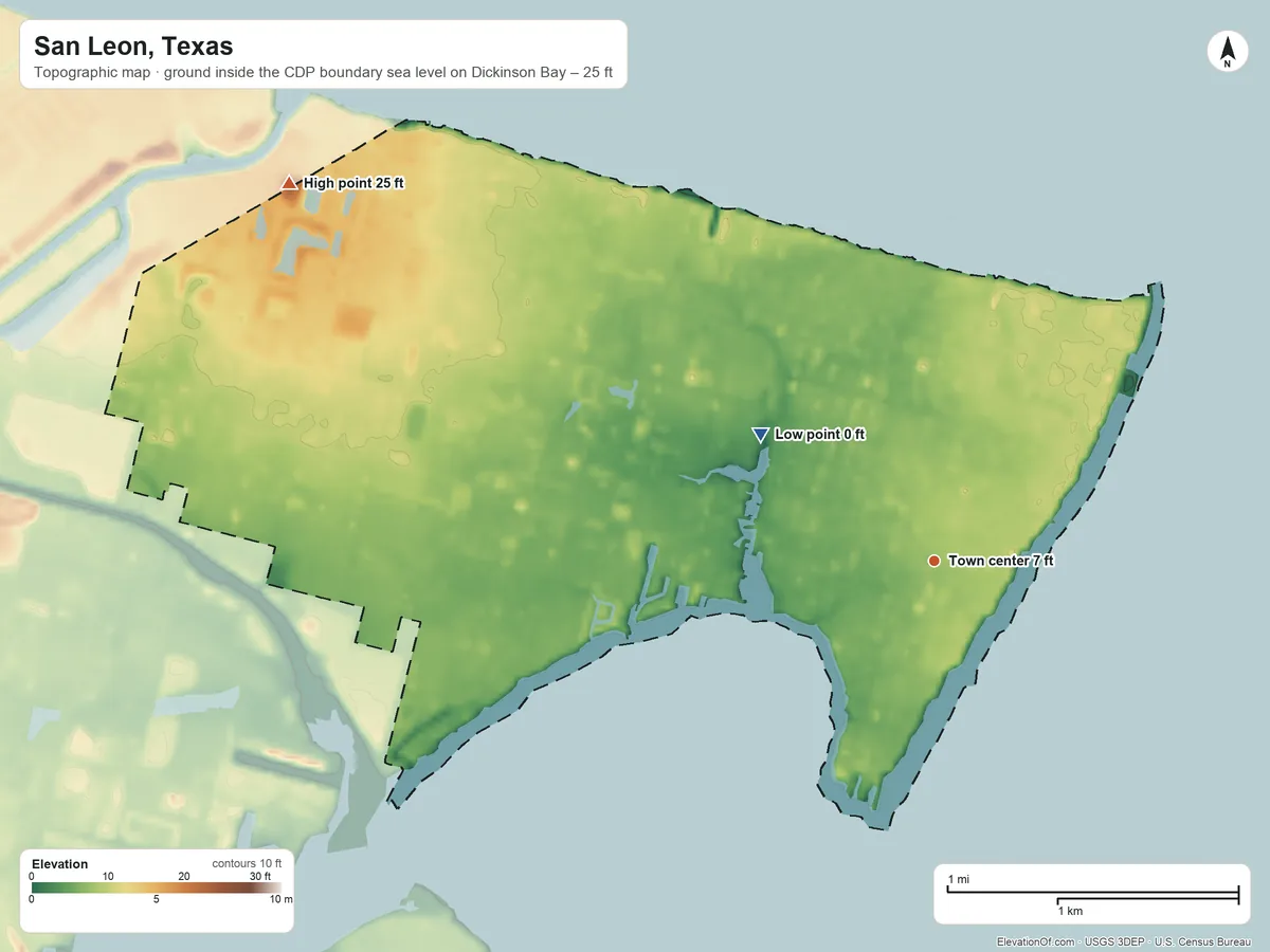Topographic elevation map of San Leon, Texas, shaded from sea level level on Dickinson Bay to 25 ft on the northwest side