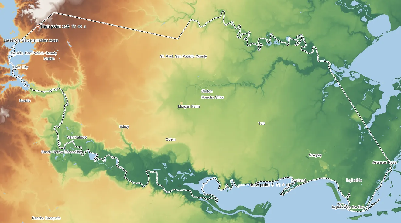 Topographic elevation map of San Patricio County, Texas, shaded from sea level on Nueces Bay to 210 ft on the northwest side