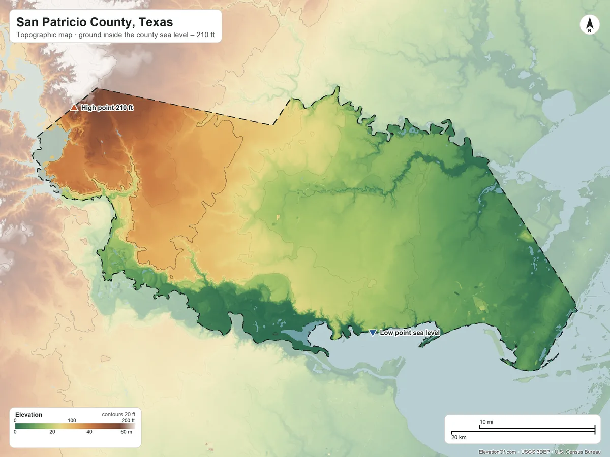 Topographic elevation map of San Patricio County, Texas, shaded from sea level on Nueces Bay to 210 ft on the northwest side