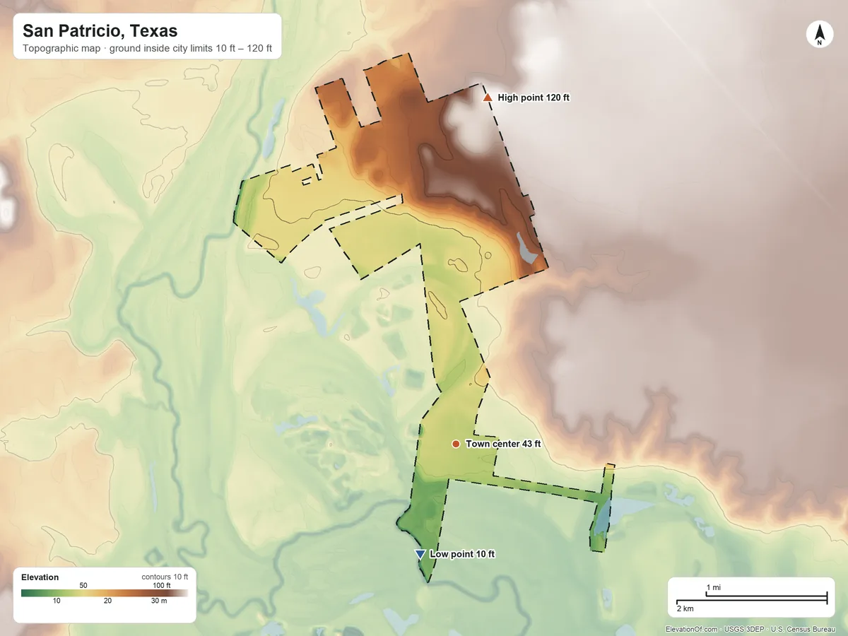 Topographic elevation map of San Patricio, Texas, shaded from 10 ft on the south side to 120 ft on the north side