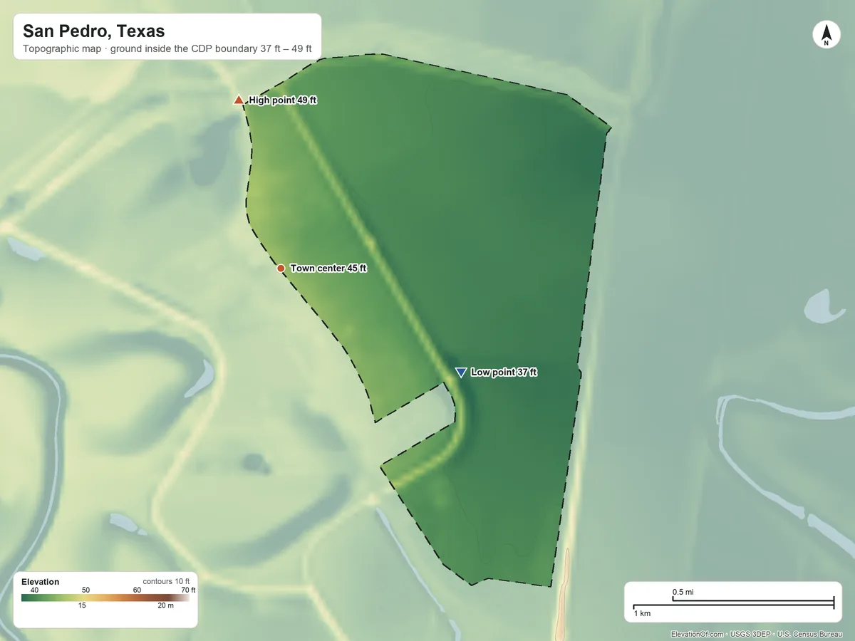 Topographic elevation map of San Pedro, Texas, shaded from 37 ft on the southeast side to 49 ft on the north side