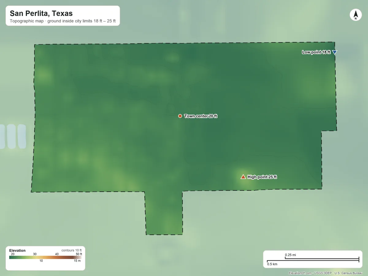 Topographic elevation map of San Perlita, Texas, shaded from 18 ft on the east side to 25 ft on the southeast side
