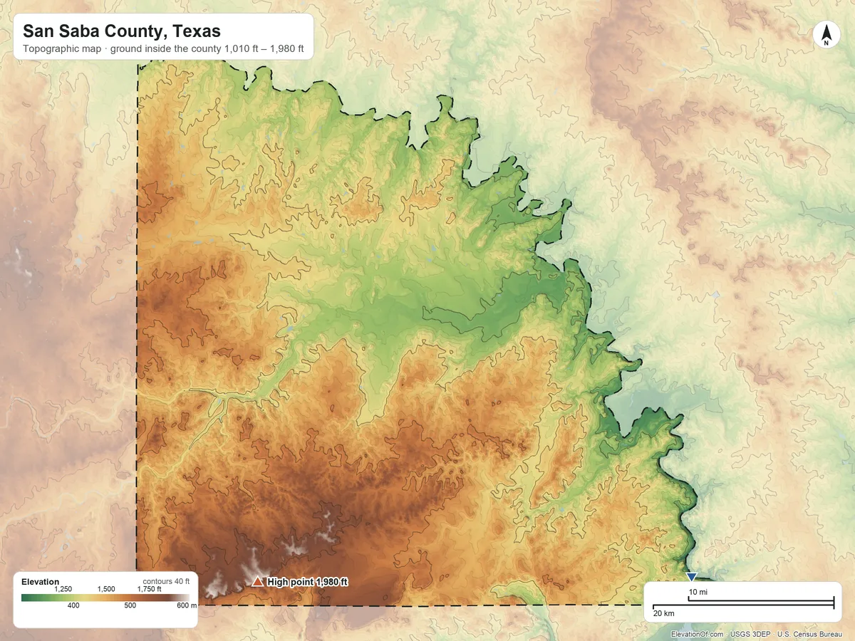 Topographic elevation map of San Saba County, Texas, shaded from 1,010 ft on the southeast side to 1,980 ft on the southwest side