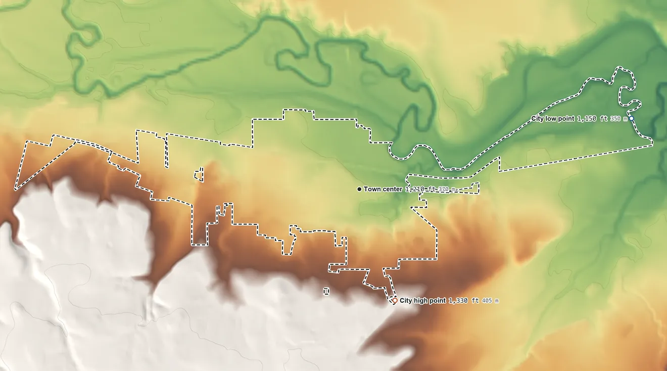Topographic elevation map of San Saba, Texas, shaded from 1,150 ft on the east side to 1,330 ft on the south side