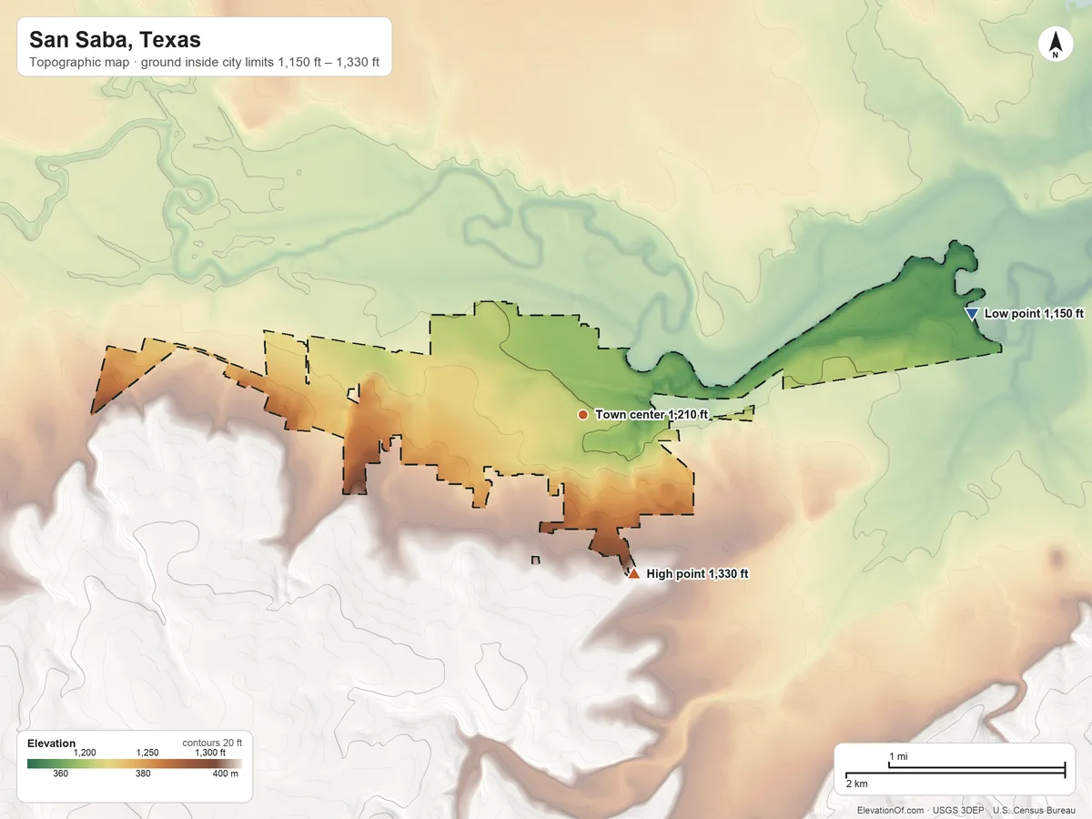 Topographic elevation map of San Saba, Texas, shaded from 1,150 ft on the east side to 1,330 ft on the south side