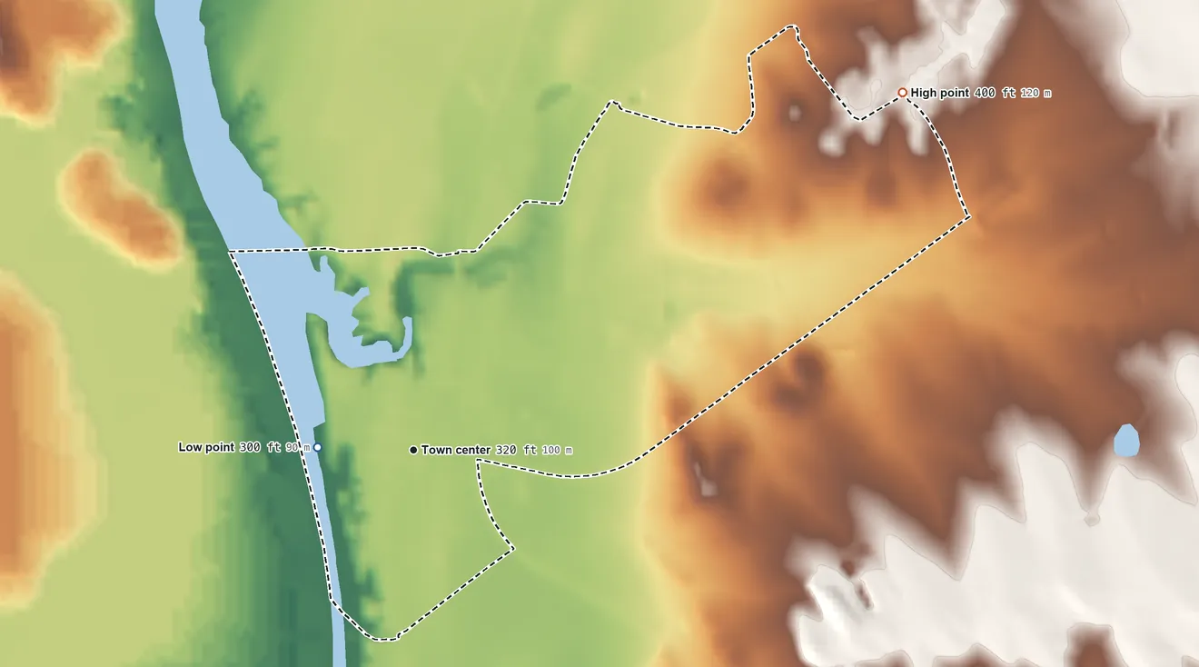 Topographic elevation map of San Ygnacio, Texas, shaded from 300 ft near the middle to 400 ft on the northeast side