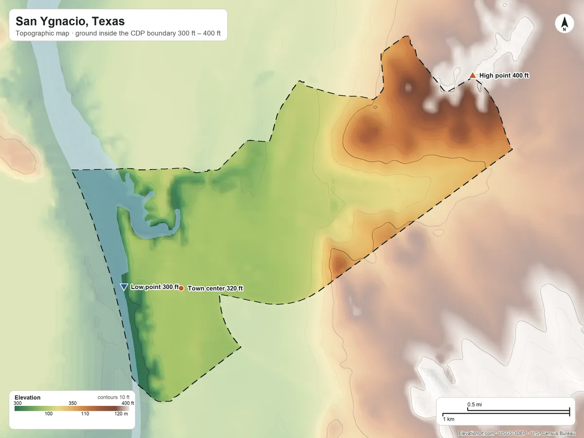 Topographic elevation map of San Ygnacio, Texas, shaded from 300 ft near the middle to 400 ft on the northeast side
